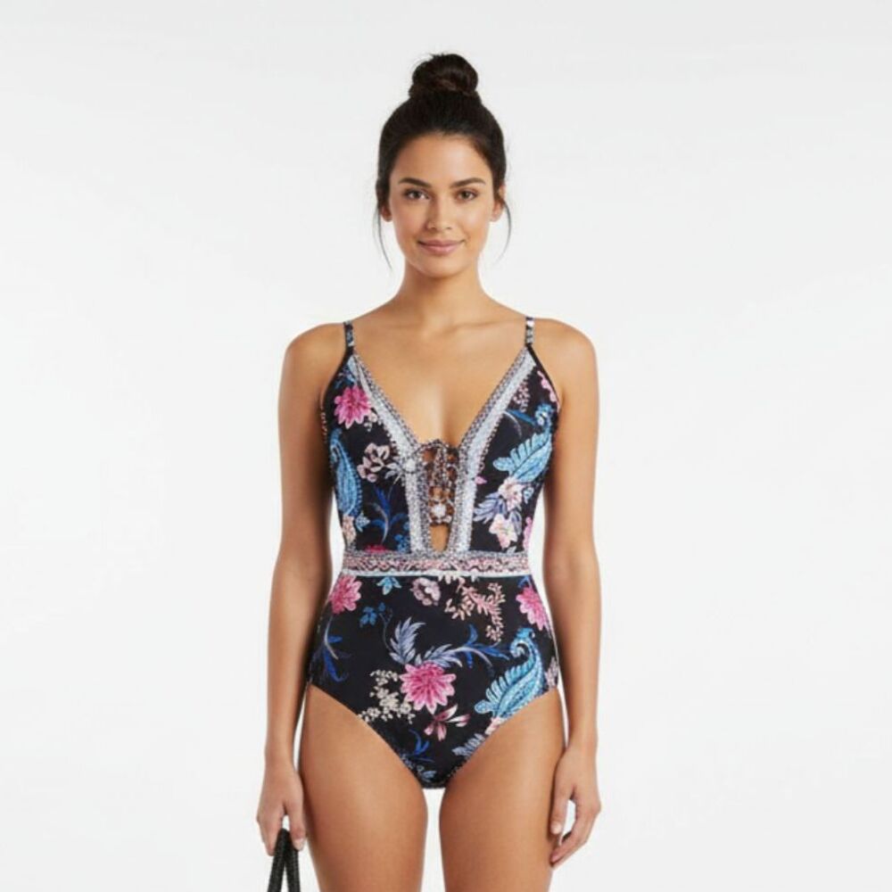 Seafolly Floral Black Print 1 Piece Swim Bathing Suit 8